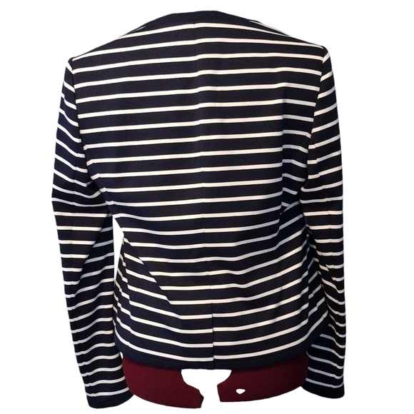 NWOT size L navy blue white striped lined stretch knit dress blazer jacket - Picture 2 of 10